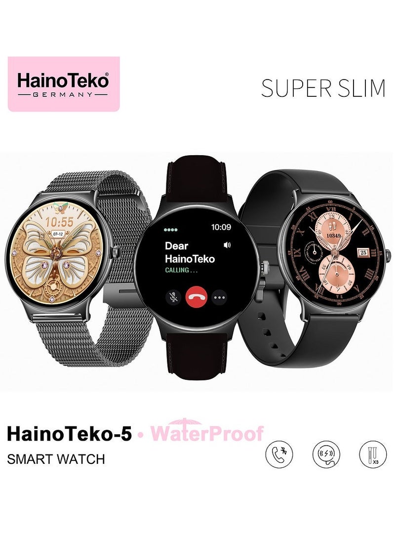 HainoTeko-5 Super Slim Smart Watch Round Shape AMOLED Display With Waterproof AI Voice Assistance and 3 Pair Straps For Ladies Black - Image 1